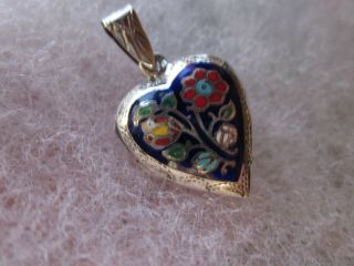 Vintage Etched Sterling Silver Enamel Cloisonné Heart Shaped Locket Pendant