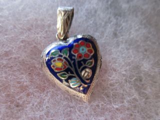 Vintage Etched Sterling Silver Enamel Cloisonné Heart Shaped Locket Pendant 3