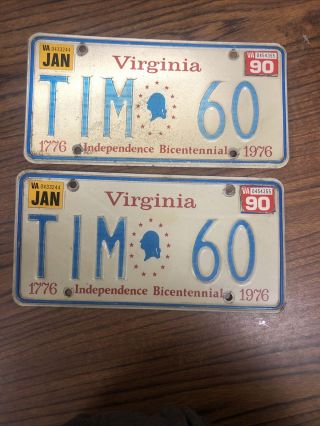 1990 Virginia Va Independence Bicentennial Vanity License Plate Tag Tim 60