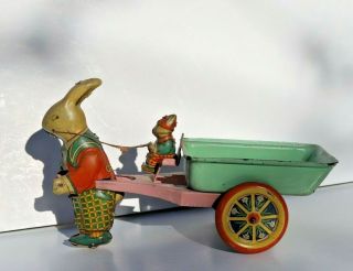 Antique Tin Lithograph Easter Rabbit Cart with Rabbit Driver and Metal Wheels 2