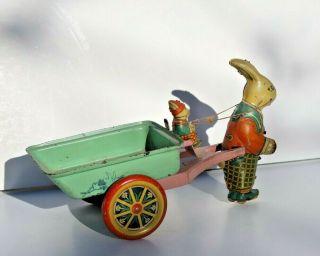 Antique Tin Lithograph Easter Rabbit Cart with Rabbit Driver and Metal Wheels 3