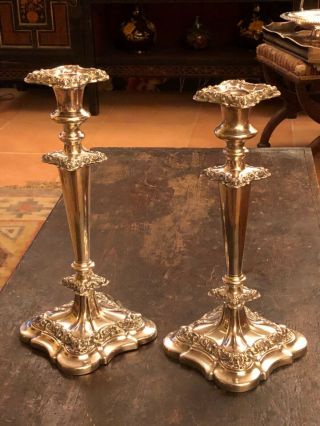 Pair Large C19th Sheffield Silver Plate On Copper Candlesticks Weighted Bases