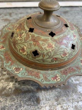 Vintage Incense Burner Etched Brass Bowl Lid Orange Green Floral Large 5” India