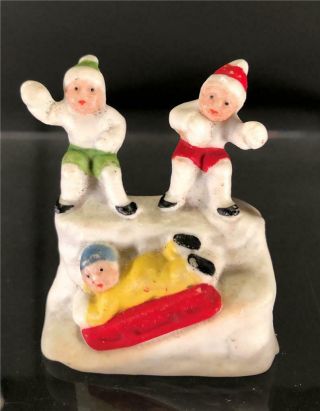 Antique Christmas Miniature Snow Children Sledding Porcelain Putz Germany