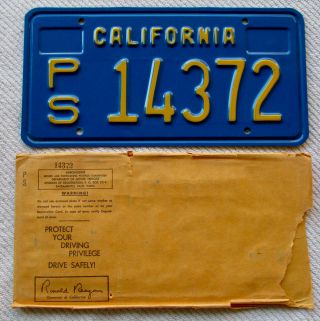California (blue Base) " Ps " License Plate W/envelope.  Plate.