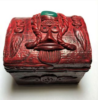 Vintage Hand Carved Jewelry Box Red Cinnabar Lacquer Belize Reggae Jade 3 1/2 "