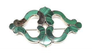 A Huge Heavy Antique Victorian Sterling Silver 925 Malachite Brooch A/f 26018