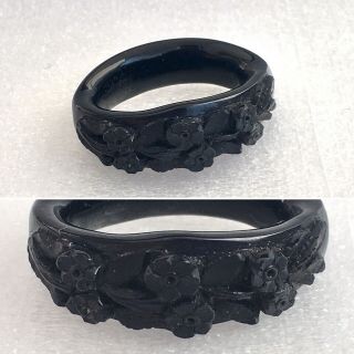Antique Whitby Jet Scarf Ring Carved Victorian Mourning Jewellery Vintage Gothic
