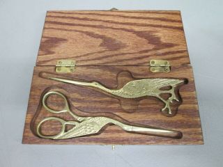 Pair (2) Vintage Solid Brass Seagull Letter Openers & Scissors In Solid Wood Box