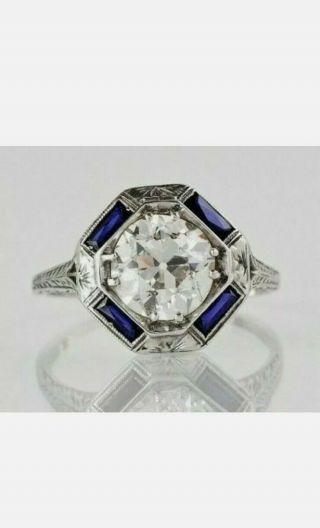 Engagement Ring 14k White Gold Over 2 Ct Round Diamond Sapphire Antique Art Deco