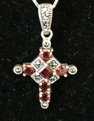 Vintage Sterling Silver Garnet Cross Pendant Necklace 18 "