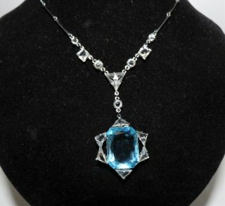 Antique 1920 Art Deco Aquamarine Glass Snowflake Drop Pendant Necklace Delicate