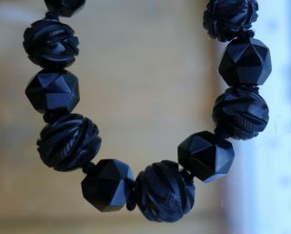 , Chunky,  Antique Victorian Carved Whitby Jet Bead Mourning Necklace