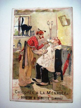 Vintage Victorian Trade Card " Chocolat Inimitable " W/clown Barber & Black Cat