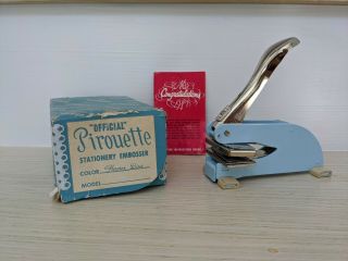 Vintage 1964 Official Pirouette Stationary Desk Embosser Glacier Blue