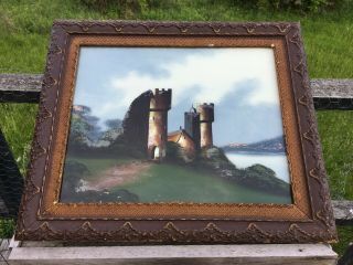 Antique Reverse Oil Painting On Glass With Mother Of Pearl Of Castle