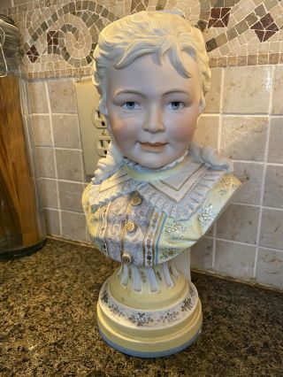 Antique Bisque Porcelain Bust Of Smiling Girl Beautifully Detailed Yellow