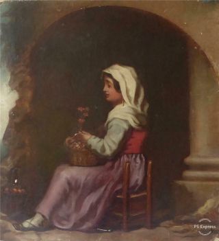 Large Antique Mid 19th Century Oil On Canvas Of A Young Lady Signed Dted 1862