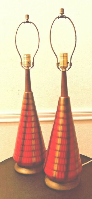 2 Vintage Mid Century Modern Danish Table Lamps Glass Teak Wood Red Gold Brown