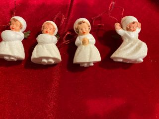 4 Vintage Hard Plastic Angel Snow Baby Christmas Ornaments Mica Glitter Germany