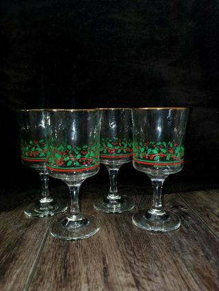 4 Vintage 1985 Arbys Christmas Holly Berry Glasses Wine Goblet Gold Rim Libbey