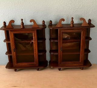 Set 2 Vintage Stained Glass Door Wooden Curio Display Cabinet Case 3 - Tier Mini