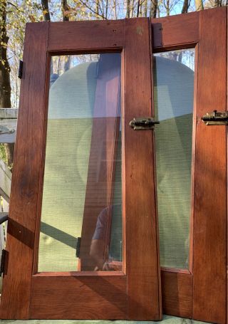 Pair Antique Vtg Window Cupboard Oak Cabinet Door Brass Hardware 14 X 31 Wow