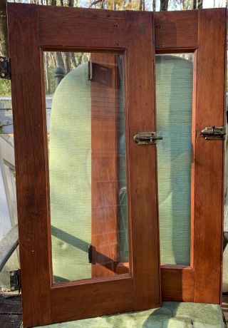Pair Antique VTG Window Cupboard Oak Cabinet Door Brass Hardware 14 x 31 WOW 2