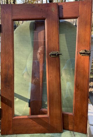 Pair Antique VTG Window Cupboard Oak Cabinet Door Brass Hardware 14 x 31 WOW 3