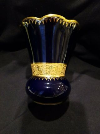 Vintage Limoges France Castel Cobalt Porcelain Blue Vase,  22k Gold Trim 4 "