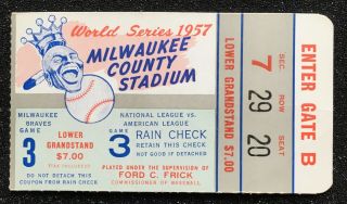 1957 World Series Ticket Stub Milwaukee Braves Vs.  Yankees.