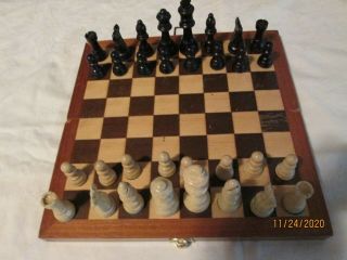 Vintage Chess Set With Folding Wood Board / Storage Container