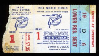1954 World Series Ticket Stub Game 1 York Giants V Indians Willie Mays Catch