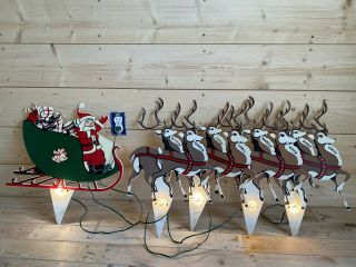 Vintage Santa Sleigh And Reindeers Christmas Plastic Yard Decor Lawn Stake 20 "