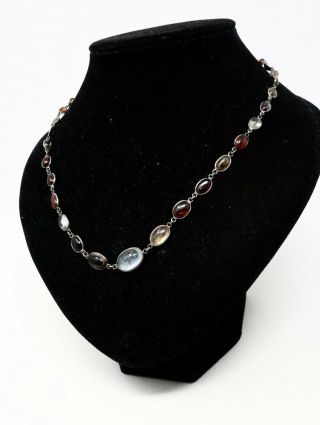 An Antique Art Deco Sterling Silver 925 Gemstone Garnet Amber Quartz Necklace