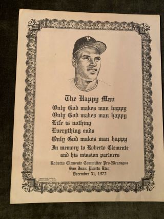 1972 Roberto Clemente Pittsburgh Pirates 8.  5x11 Obituary Prayer Keepsake Rare