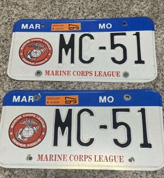Set Of 2 1997 Missouri Marine Corps League License Plate Semper Fidelis Mc - 51