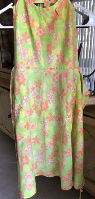 Vintage 70’s Green Orange Yellow Floral Full Apron Lily Pulitzer Inspired Fabric