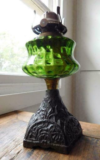 Lovely Green Glass Table Oil Lamp With Hexagonal Cast Iron Stand 1900s