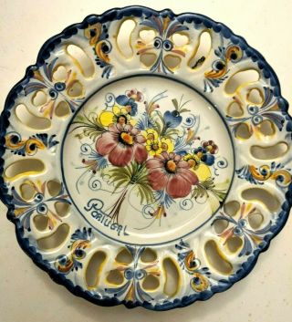 Vintage Hand Painted Ceramic Colorful Floral Plate Made In Portugal