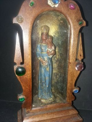 Antique Virgin Mary & Baby Jesus Shrine Madonna Reliquary Carved Santos Statue