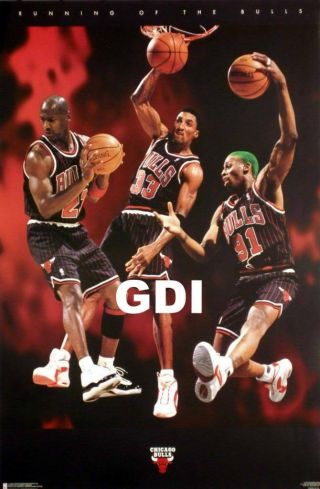 " Running Of The Bulls " Michael Jordan,  Pippen,  Rodman Chicago Bulls Nba Poster