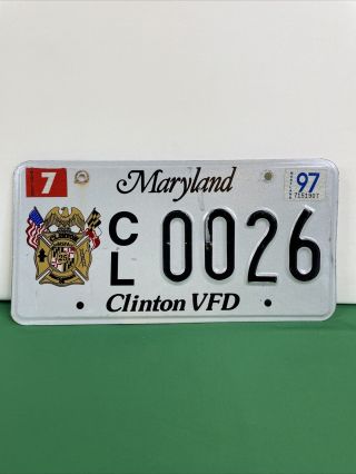 Vintage 1997 Maryland Clinton Vfd Volunteer Fire Department License Plate 0026