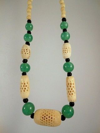Vintage Carved Lattice Bovine Bone Czech Green Peking Black Glass Bead Necklace