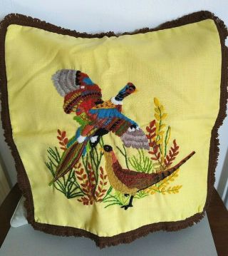 Vintage Handmade Crewel Embroidered Throw Pillow Cover Birds Pheasants 16 " X 16 "