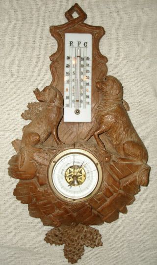 Antique Wall Wood Hand Carved Black Forest Hunting Dogs Barometer Thermometer