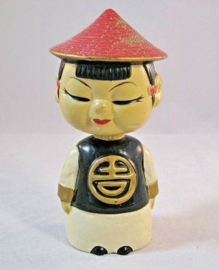 Bobblehead - Asian Man - Vintage - 5 - 3/4 " High - Red Hat