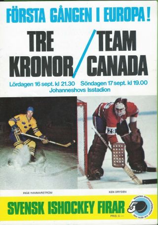 1972 Summit Series Official Program Team Canada V Sweden (ken Dryden Cover)