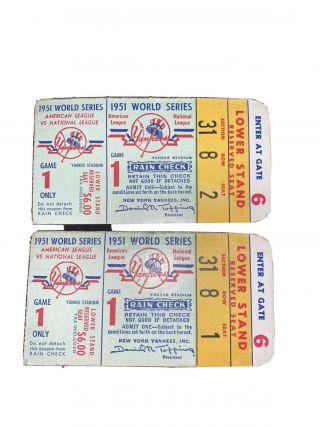 1951 Game 1 World Series Ticket Stubs Ny Giants Yankees