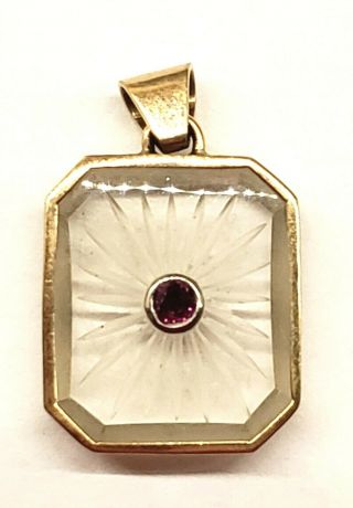 Antique Art Deco 14k Yellow Gold Ruby And Hand Carved Glass Pendant
